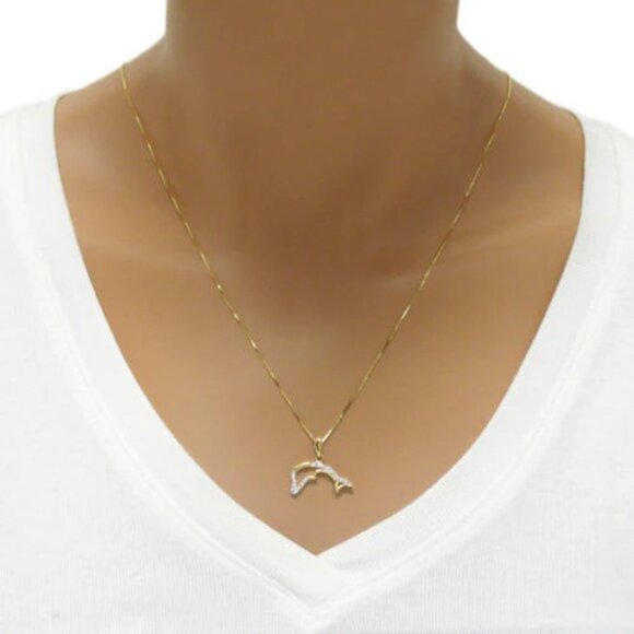 DAINTY 14K GOLD OVER STERLING SILVER JUMPING DOLPHIN PENDANT WITH DIAMONDS - Picture 3 of 3